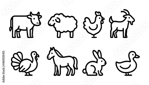 Farm animals outline icons set – linear, minimalist, livestock and barnyard symbols