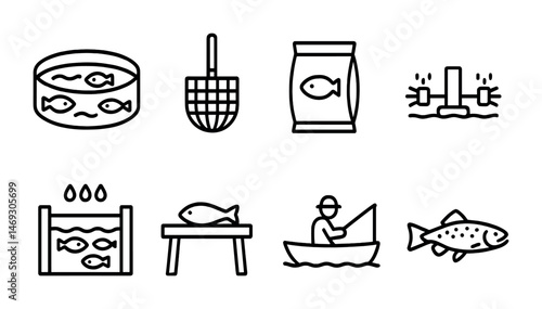 Fishing and aquaculture icons set – outline, linear, marine and aquatic symbols