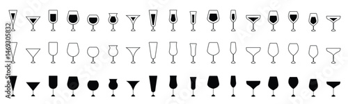Set of different glass line icon including wine glass champagne flute cocktail glass martini glass and goblet perfect for bar restaurant or party design simple and modern style
