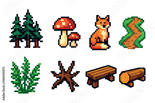 Forest and nature pixel art icons set – woodland, wildlife, outdoor symbols