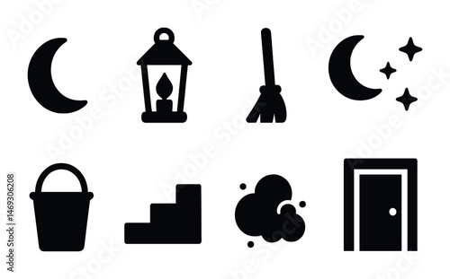 Witchcraft silhouette icons set – black, filled, magic and mystical symbols