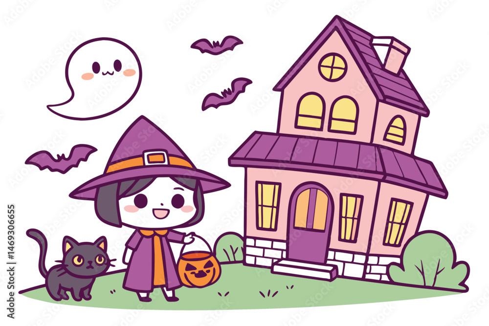 Fototapeta premium 78 cartoon, chibi style, halloween illustration, witch, black cat, pumpkin, ghost, bats, haunted house, cartoon characters, vector graphics, bright colors, digital art