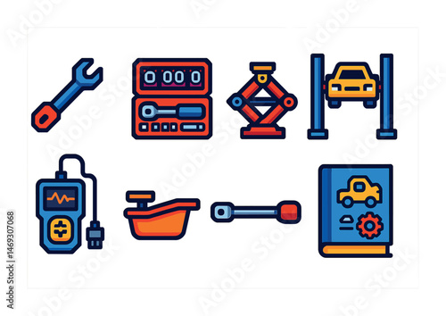 Automotive flat icons set – vehicle repair, car maintenance, mechanical symbols