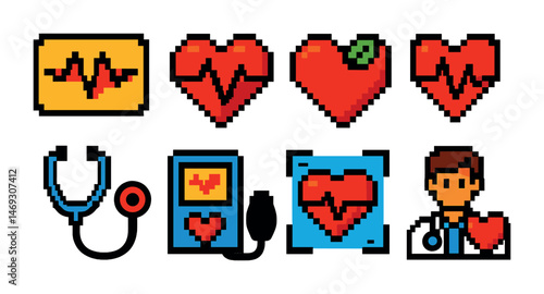 Healthcare pixel art icons set – 3d, medical, heart and health symbols
