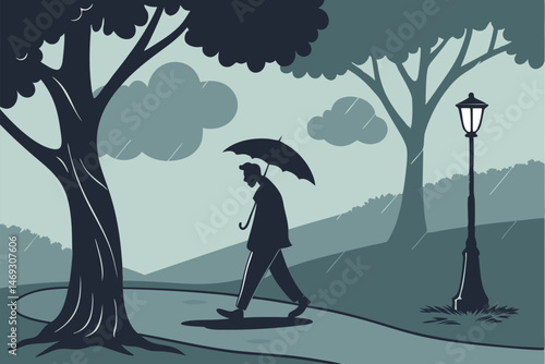 79 rainy day, man walking in rain, holding umbrella, trees and puddles, moody and atmospheric, cinematic lighting, dark color palette, digital art