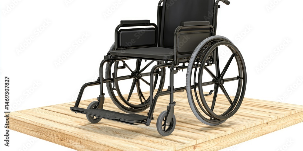 Fototapeta premium Black Wheelchair on Wooden Platform