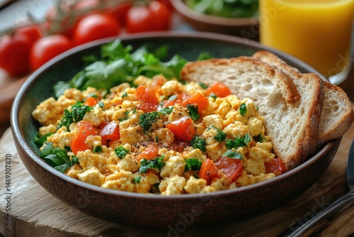 Scrambled eggs with tomatoes and parsley in a bowl.