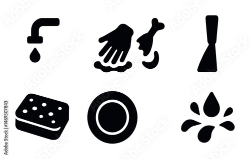 Cleaning and sanitation solid icons set – silhouette, hygiene, cleaning tools graphics