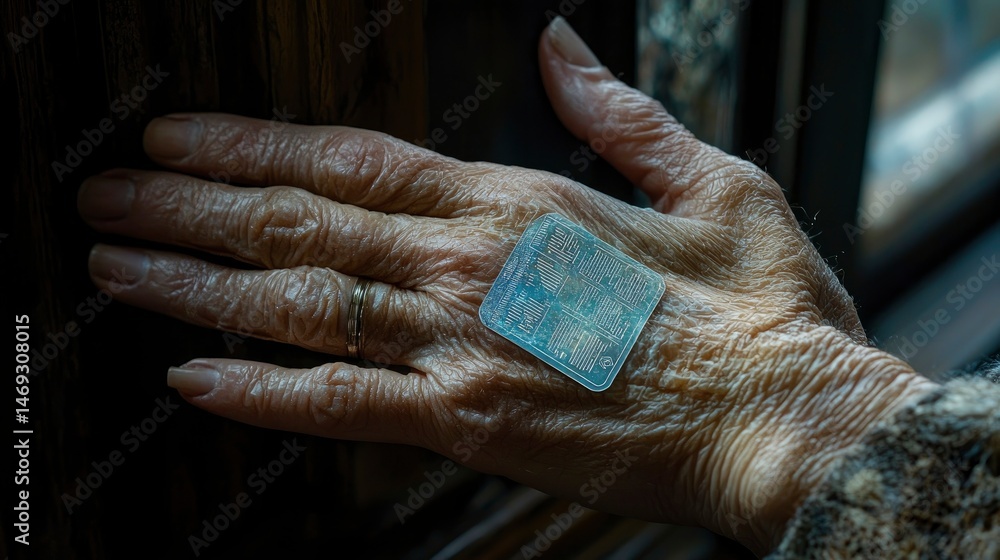 Fototapeta premium Wrinkled hand with square patch