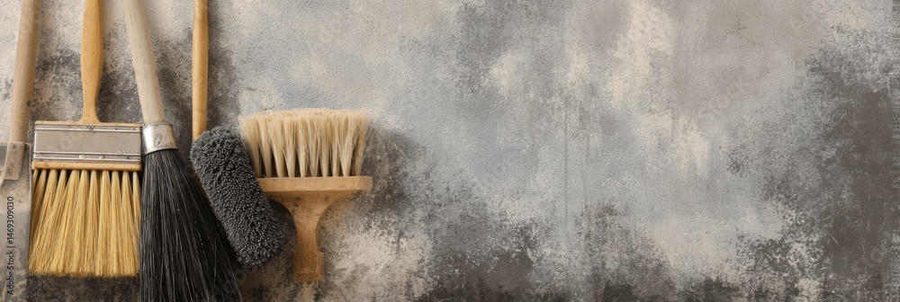 Urban Background With a Collection of Cleaning Tools Resting Against a Faded Wall for Home Maintenance and Upkeep Generative AI