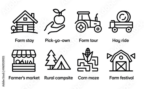 Farm and agriculture outline icons set – linear, rural, harvest and farming elements