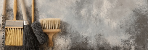Obraz na płótnie Urban Background With a Collection of Cleaning Tools Resting Against a Faded Wall for Home Maintenance and Upkeep Generative AI w salonie