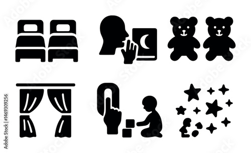 Bedtime and night routine icons set – silhouette, solid, sleep symbols and rituals