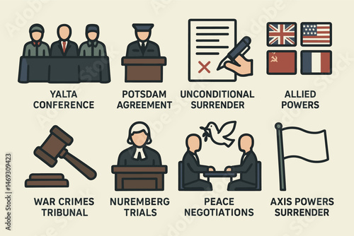 World war ii outline icons set – peace, surrender, diplomatic symbols