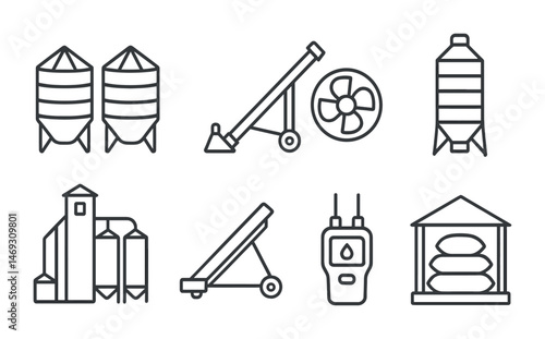 Agriculture and farming outline icons set – linear, silo, harvesting tools collection