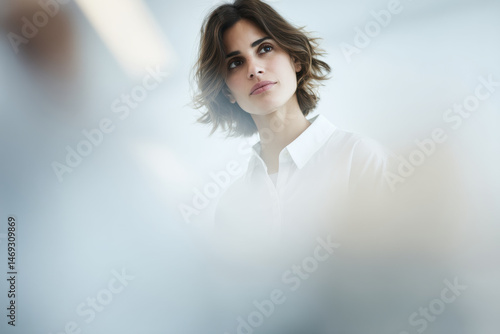 portrait of robotic engineer positioned on left side of frame with thoughtful expression