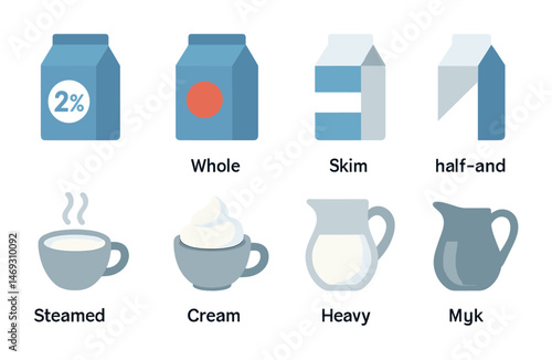 Dairy products flat icons set – milk, cream, food industry symbols