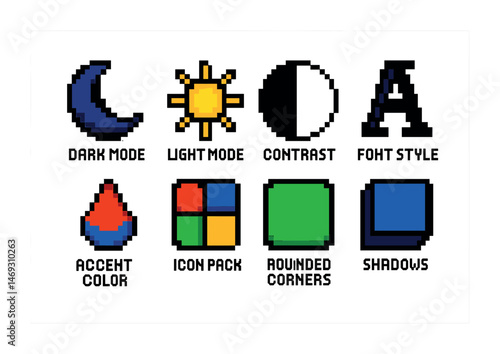 Retro pixel art interface icons for light and dark modes