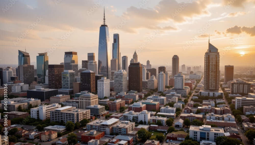 Obraz premium Dramatic Sunset Over a Modern Urban Skyline Featuring Skyscrapers and Vibrant City Life