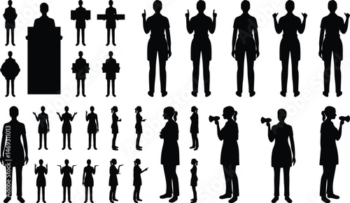 Silhouette of Waitress in Multiple Action and Presentation Poses - Vector Character Set.