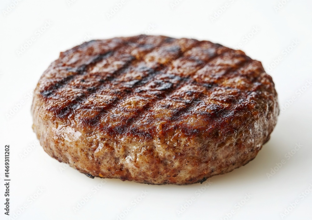 Perfectly grilled, browned hamburger patty. A single, cooked beef patty, with grill marks visible Perfectly grilled, browned hamburger patty. A single, cooked beef patty, with grill marks visible