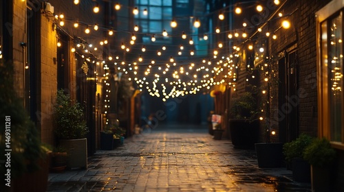 dim string lights along a quiet alley background
