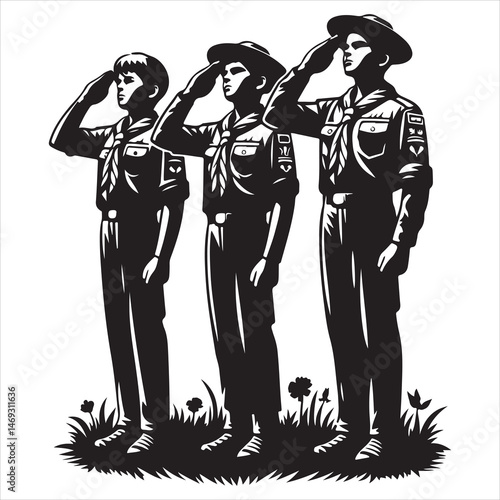 Black silhouette of school kids marching in scout uniforms, clear and dynamic on a white background 