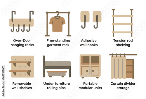 Home organization flat icons set - storage, shelving, efficient, declutter symbols
