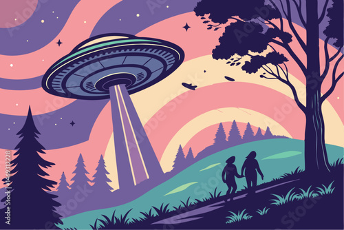 81 a retro science fiction scene with a flying saucer in the night sky, surrounded by silhouettes of figures, shooting stars, and a colorful gradient sky, digital art, highly detailed, cinematic, intr