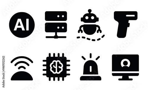 Artificial intelligence solid icons set – filled, robotic, technology symbols