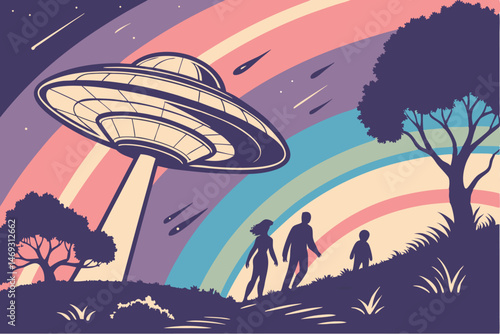 81 a retro science fiction scene with a flying saucer in the night sky, surrounded by silhouettes of figures, shooting stars, and a colorful gradient sky, digital art, highly detailed, cinematic, intr