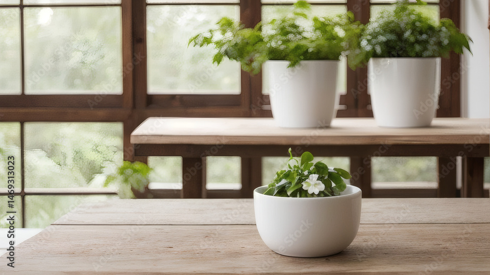 Fototapeta premium Minimal Beauty Product Mockup Scene with Green Plants and Wooden Surface