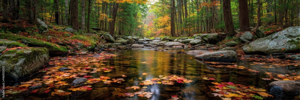 Forest Stream With Colorful Leaves Drifting Gently in Calm Waters Surrounded by Vibrant Autumn Trees in the Heart of Nature Generative AI