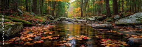 Obraz na płótnie Forest Stream With Colorful Leaves Drifting Gently in Calm Waters Surrounded by Vibrant Autumn Trees in the Heart of Nature Generative AI w salonie