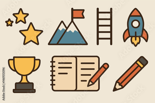 Achievement and success icons set – flat, filled, motivation and accomplishment symbols