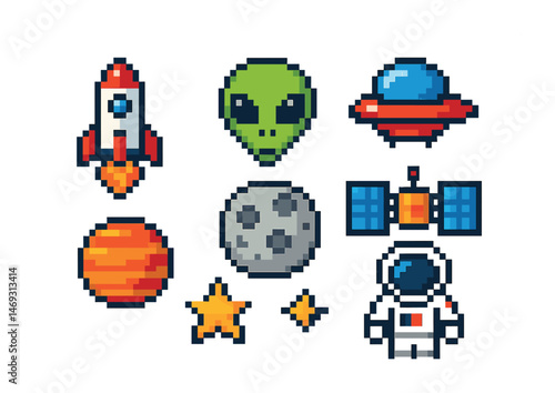 Retro space adventure with pixel art spaceship, alien, and astronaut