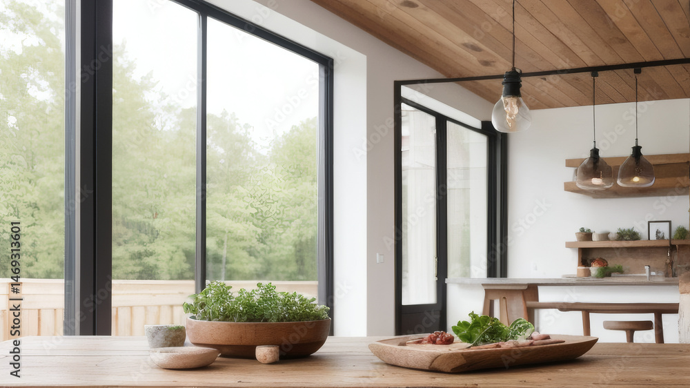 Fototapeta premium Minimal Beauty Product Mockup Scene with Green Plants and Wooden Surface