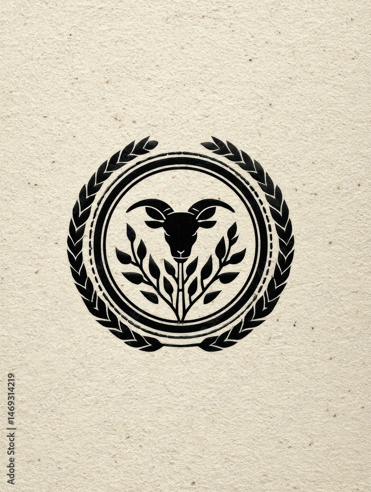 Classic Farm Stamp Logo With Goat Silhouette and Foliage Design on Textured Beige Background Showcasing Agricultural Heritage and Tradition Generative AI