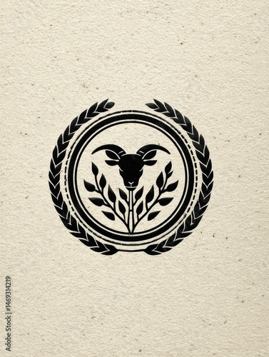 Classic Farm Stamp Logo With Goat Silhouette and Foliage Design on Textured Beige Background Showcasing Agricultural Heritage and Tradition Generative AI