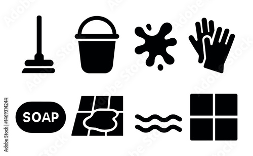 Cleaning tools solid icons set – silhouette, filled, housekeeping essentials