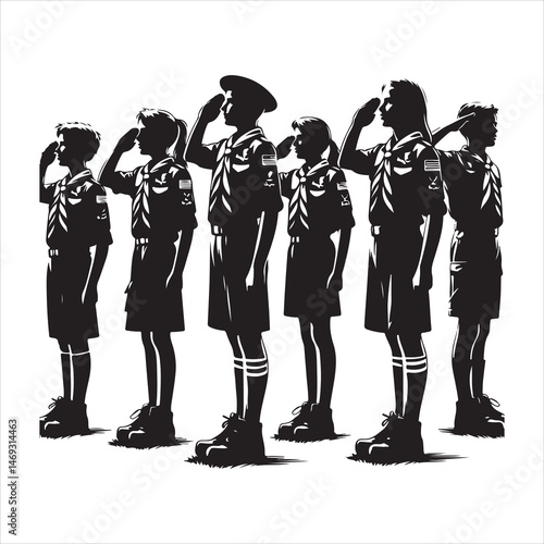 Black silhouette of school kids marching in scout uniforms, clear and dynamic on a white background 