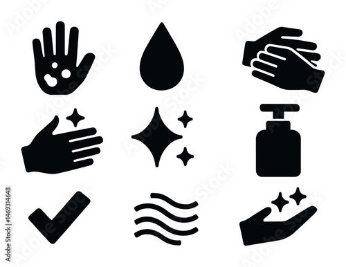 Hygiene and sanitation solid icons set – filled, clean, handwashing symbols