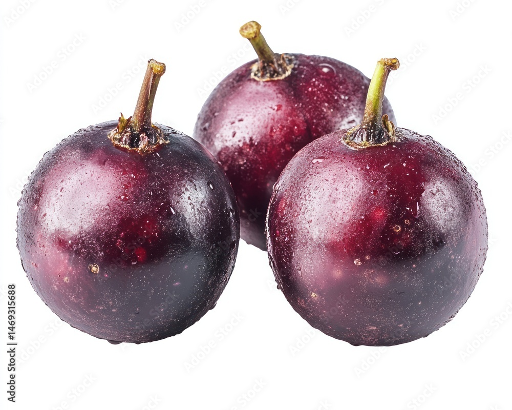 Obraz premium Fresh Plump Purple Plums with Drops of Water on White Background