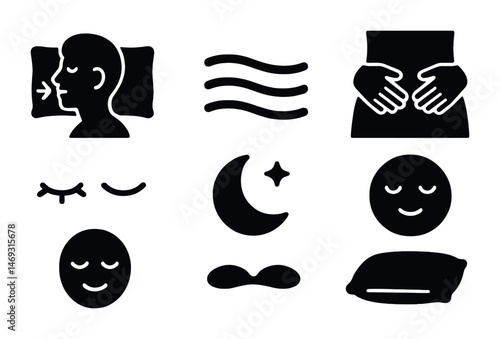 Sleep and relaxation solid icons set – wellness, calming bedtime symbols