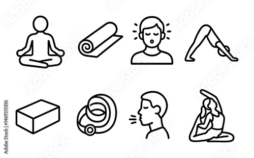 Yoga and meditation outline icons set – fitness, mindfulness, wellness symbols