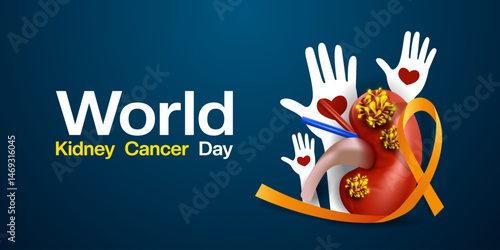 World Kidney Cancer Day. Kidney, cancer, ribbon, hand and heart. Great for posters, banners, social media and more. Blue background.