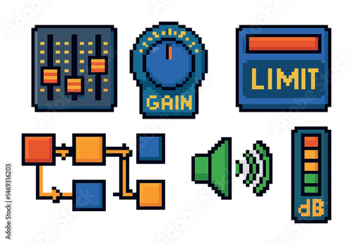 Audio equipment pixel art icons set – music, sound, dj tools graphics