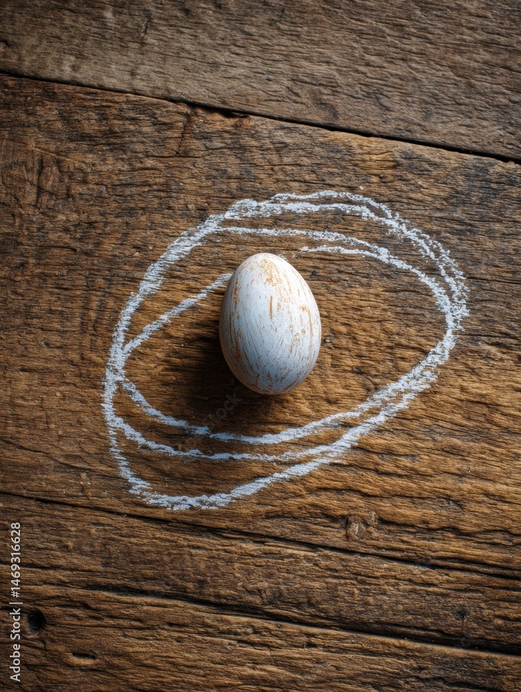 Soft Chalk Outline of an Egg on a Rustic Wooden Farm Table, Highlighting Simplicity and Natures Beauty Generative AI