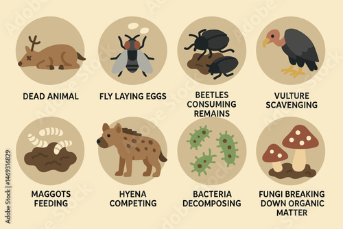 Wildlife decomposition flat icons set – nature, decay, ecosystem symbols
