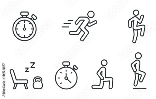 Fitness and exercise outline icons set – workout, linear, health activity symbols